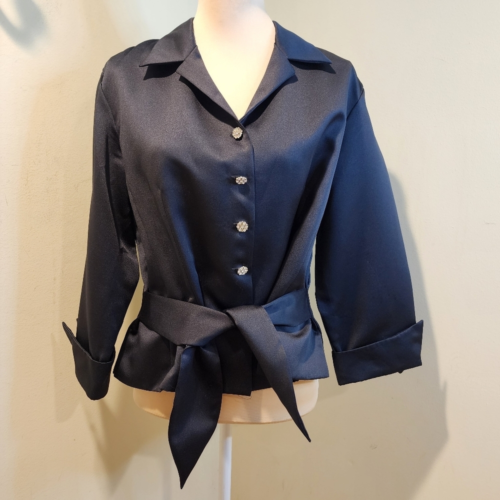 ALFRED ANGELO Black Satin Formal Blouse with Crystal Buttons Size Fits XL